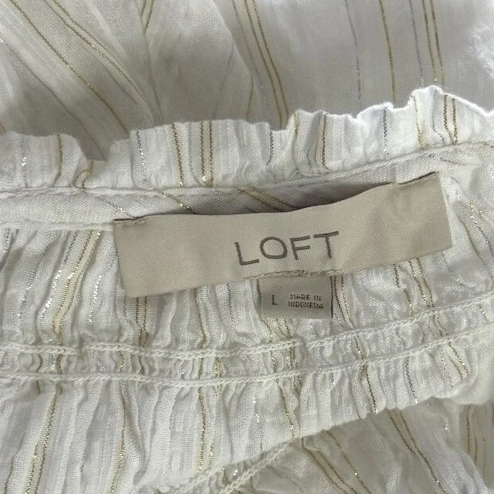 LOFT Womens White Gold Thread Smocked Neck Blouse Size L Boho Short Sleeve Tunic